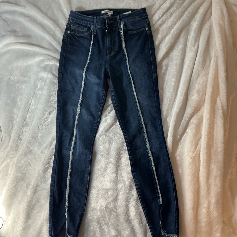 Good American Good Legs Dark Indigo Seam Skinny Jeans Raw Hem Size 2/26
